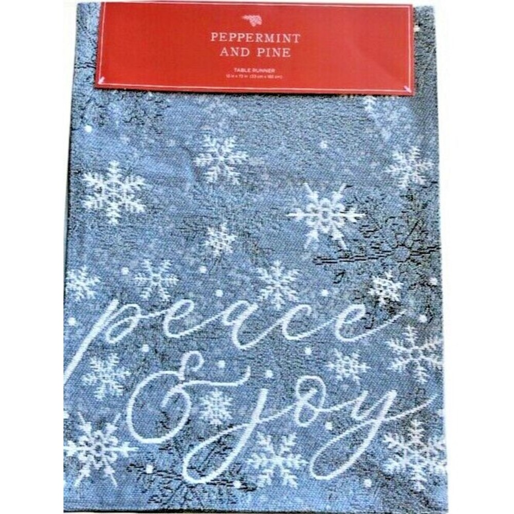 Christmas Peace Joy Snowflake Tapestry Table Runner Silver Gray Blue 13x72"